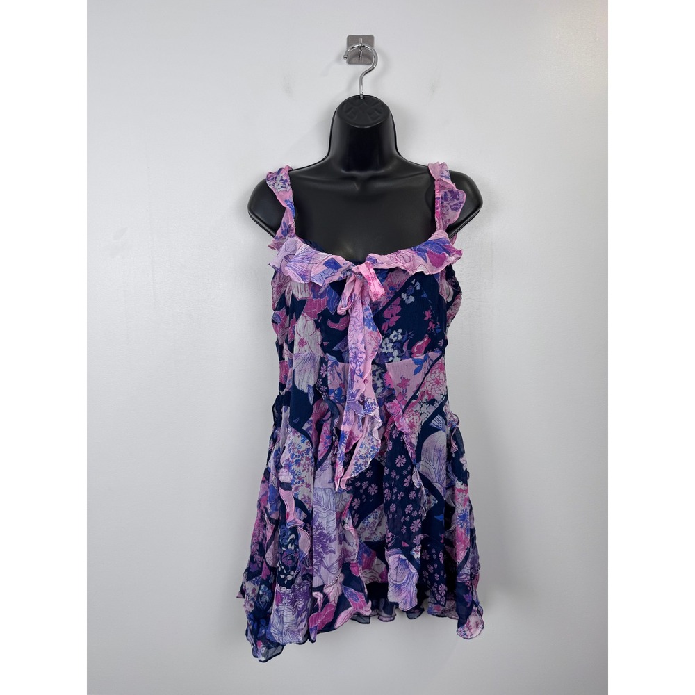 Hemant & Nandita Floral Patchwork Ruffle Mini Dress Navy Pink XXL Boho Tie Front